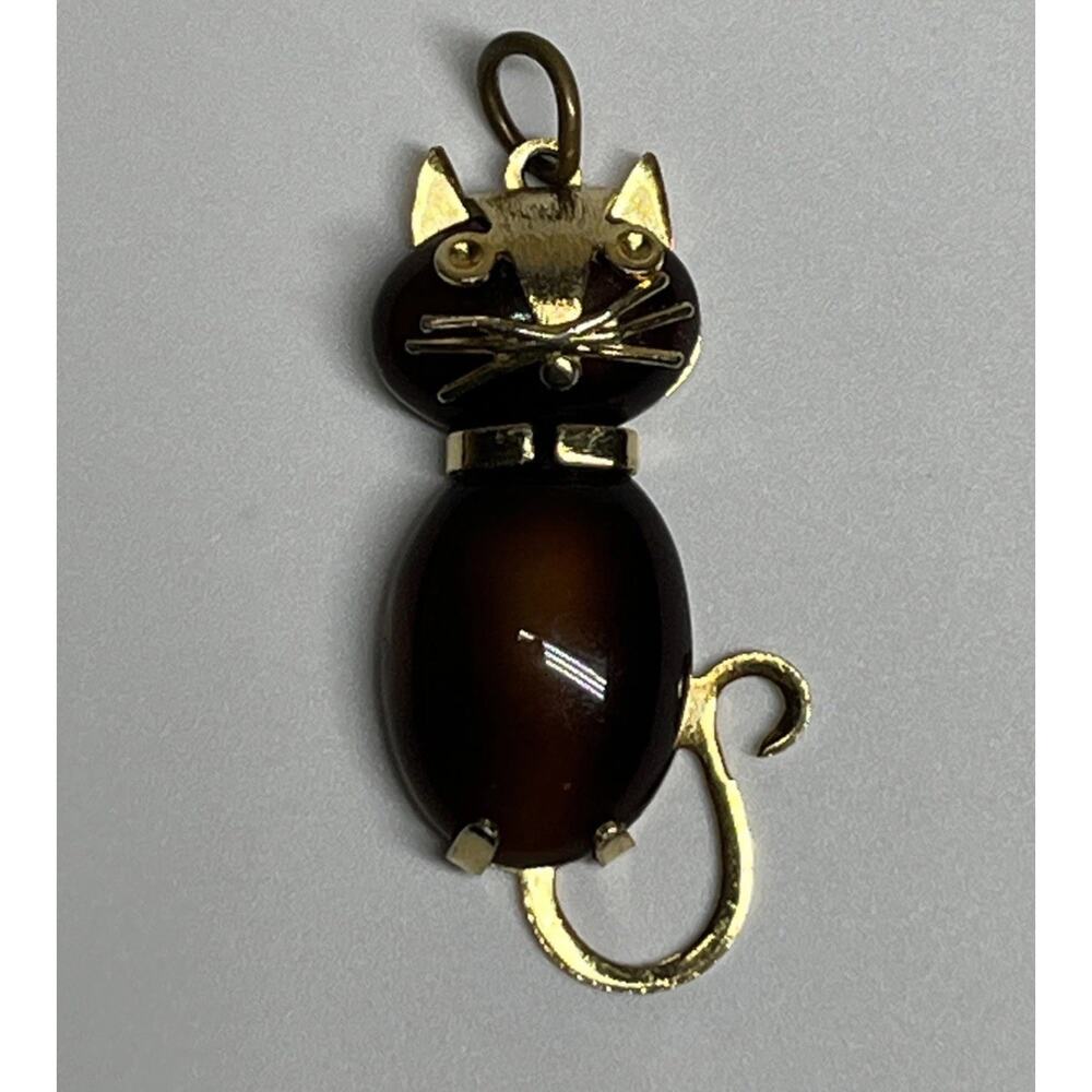 Vintage Hobco Cat Charm Pendant Brown Cabochon & Gold Tone Whimsical Kitty Retro